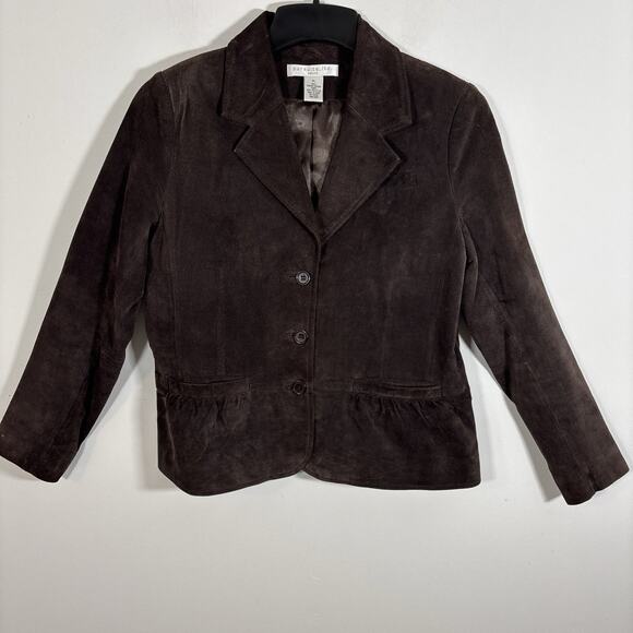 Pursuits Ltd Suede Leather Jacket Petite Large Chocolate Brown Button Front Fall - Picture 1 of 9